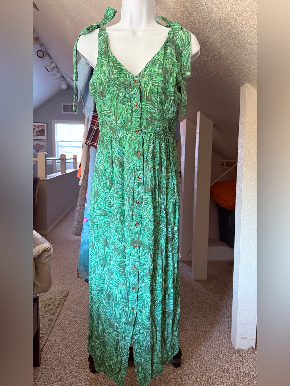Green Print Button-Front Tie-Shoulder Maxi Dress